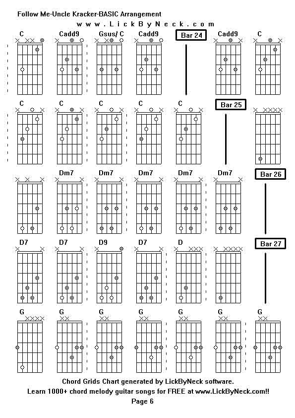 Chord Grids Chart of chord melody fingerstyle guitar song-Follow Me-Uncle Kracker-BASIC Arrangement,generated by LickByNeck software.